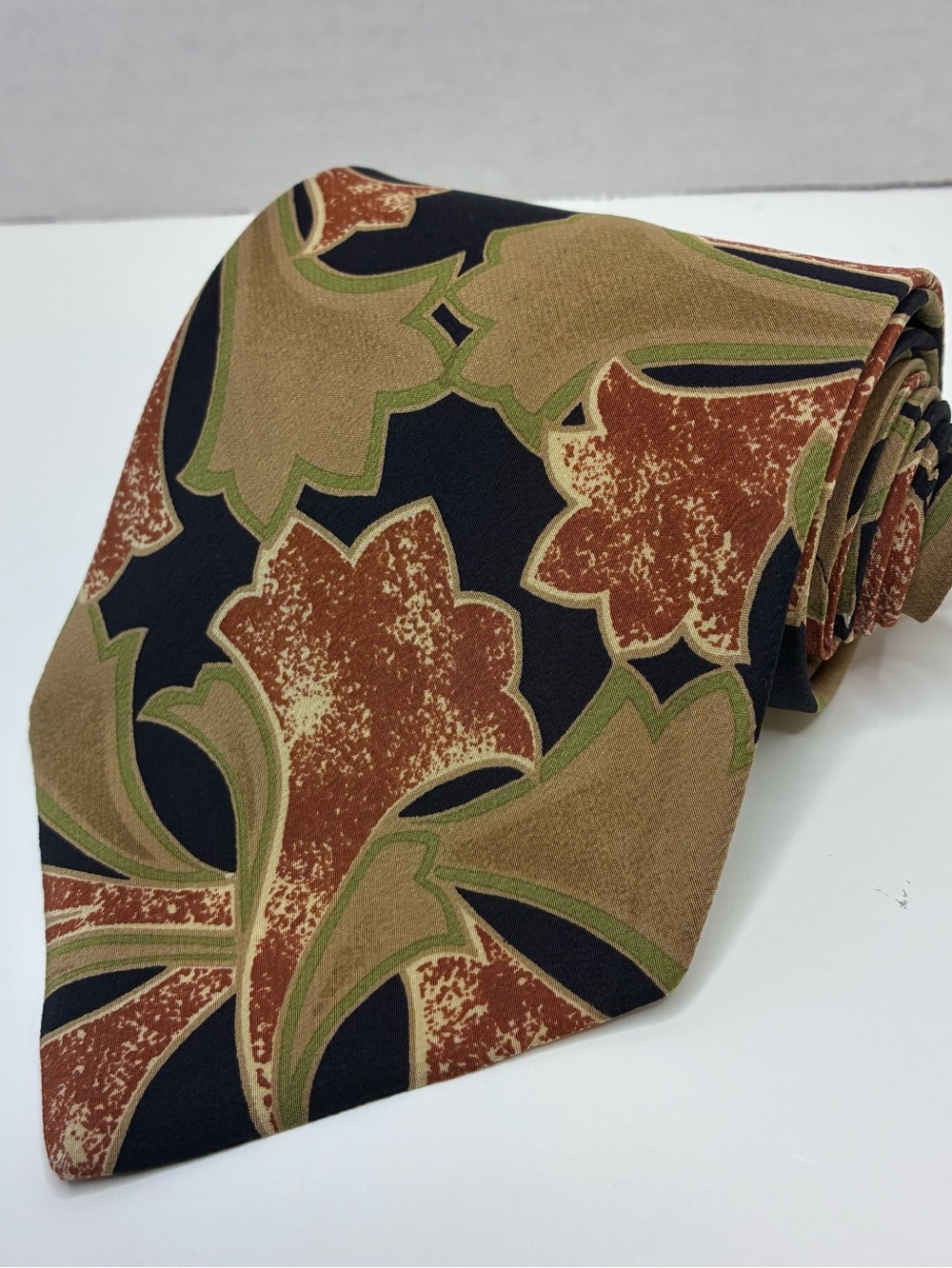 VTG Chaps Ralph Lauren Silk Tie 90s Art Nouveau Floral Abstract Earth Tone 58"